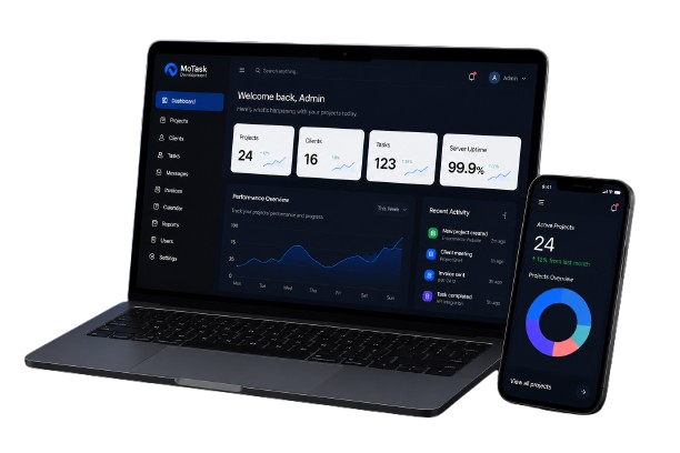 MoTask dashboard displayed on laptop and mobile phone